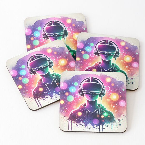 Item preview, Person wearing VR headset in vibrant neon bokeh lights designed and sold by Giuseppe Cammino.