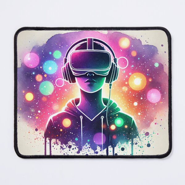 Item preview, Person wearing VR headset in vibrant neon bokeh lights designed and sold by Giuseppe Cammino.