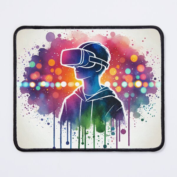 Item preview, Person wearing VR headset in vibrant neon bokeh lights designed and sold by Giuseppe Cammino.