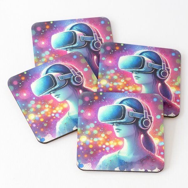 Item preview, Person wearing VR headset in vibrant neon bokeh lights designed and sold by Giuseppe Cammino.