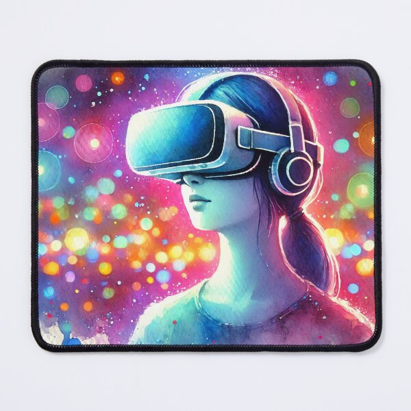 Item preview, Person wearing VR headset in vibrant neon bokeh lights designed and sold by Giuseppe Cammino.