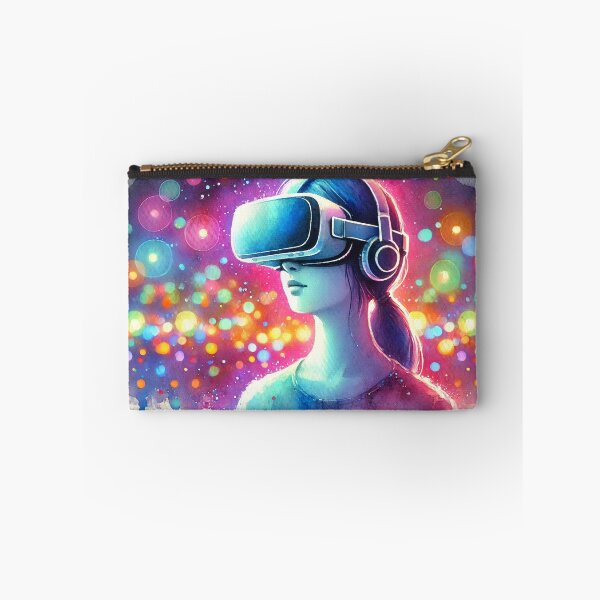 Item preview, Person wearing VR headset in vibrant neon bokeh lights designed and sold by Giuseppe Cammino.