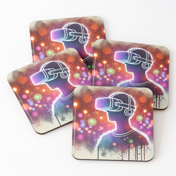 Item preview, Person wearing VR headset in vibrant neon bokeh lights designed and sold by Giuseppe Cammino.