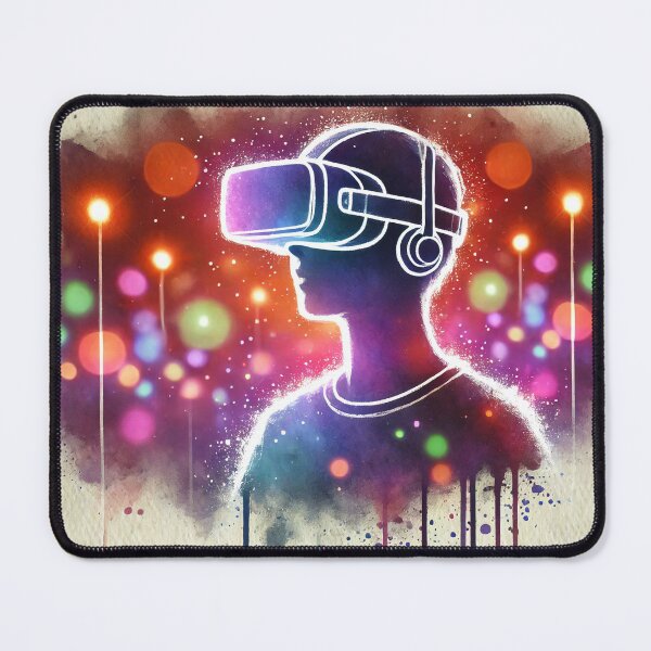 Item preview, Person wearing VR headset in vibrant neon bokeh lights designed and sold by Giuseppe Cammino.