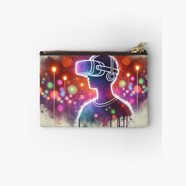 Item preview, Person wearing VR headset in vibrant neon bokeh lights designed and sold by Giuseppe Cammino.