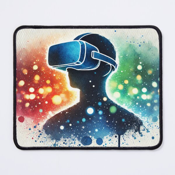 Item preview, Person wearing VR headset in vibrant neon bokeh lights designed and sold by Giuseppe Cammino.
