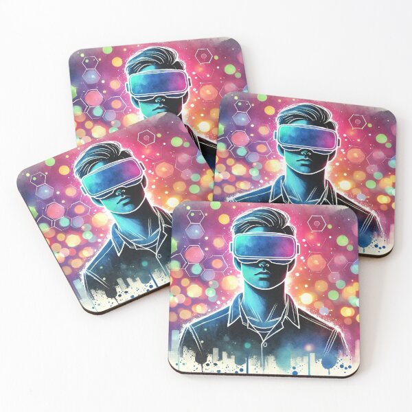 Item preview, Person wearing VR headset in vibrant neon bokeh lights designed and sold by Giuseppe Cammino.