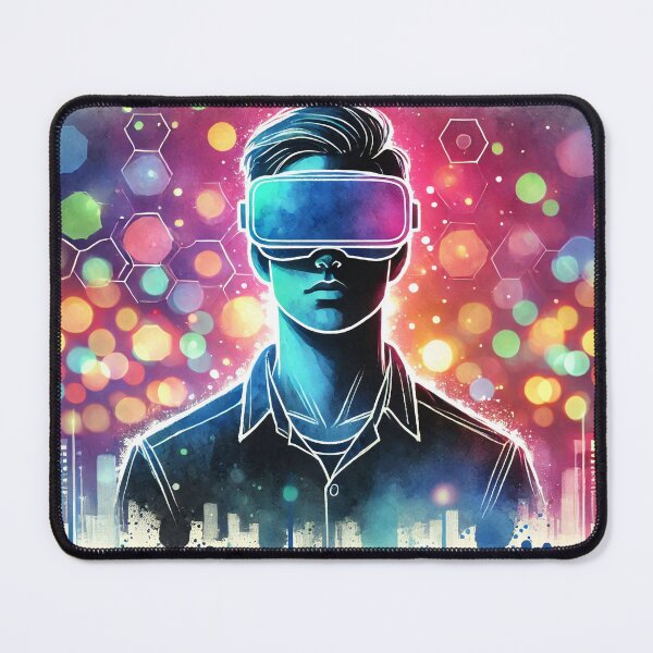 Item preview, Person wearing VR headset in vibrant neon bokeh lights designed and sold by Giuseppe Cammino.