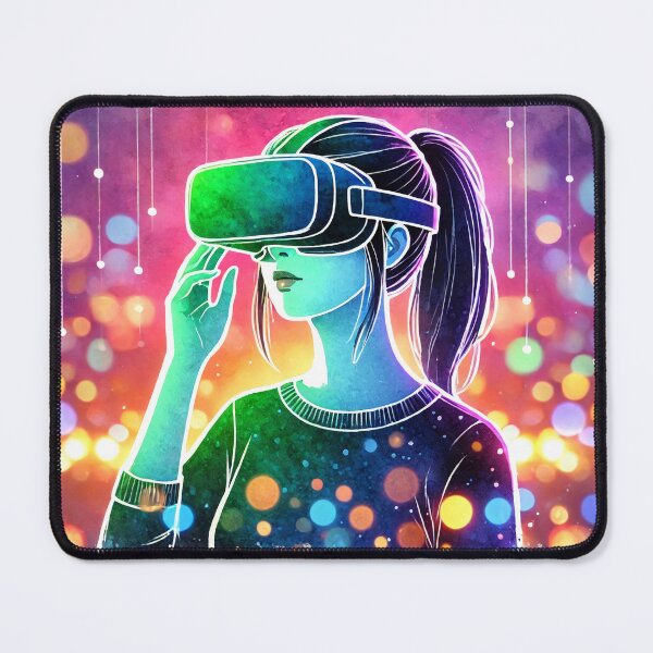 Item preview, Person wearing VR headset in vibrant neon bokeh lights designed and sold by Giuseppe Cammino.