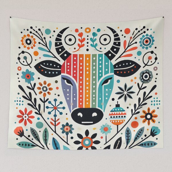 Item preview, Scandinavian Folk Art Rainbow Animals - Cute Colourful Zodiac Taurus Bull by heidiannemorris designed and sold by FOLK ART FUSION.