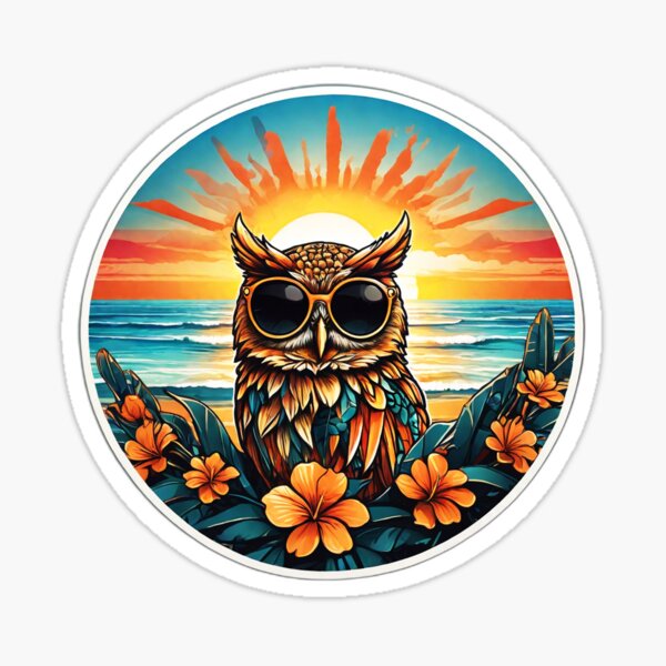 Artikel-Vorschau von Sommerhitze-Eule mit Sonnenbrille am Strand mit Hawaii-Orchideen, designt und verkauft von NautiChic.