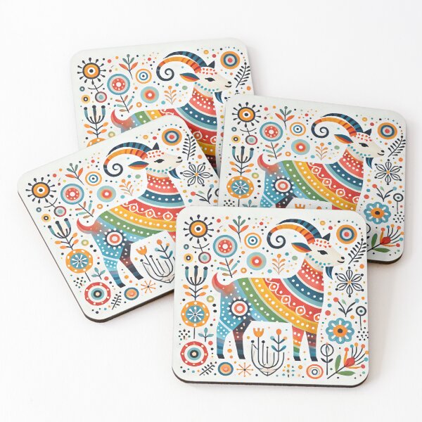 Item preview, Scandinavian Folk Art Rainbow Animals - Cute Colourful Aries Ram Zodiac by heidiannemorris designed and sold by FOLK ART FUSION by heidiannemorris.
