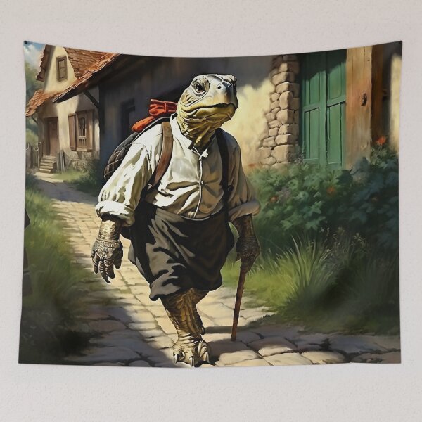Item preview, Vintage Animal Art: Old Turtle Peasant Walking through the Village | Animal Art | Oil Painting | Vintage Art designed and sold by UnhingedBird.