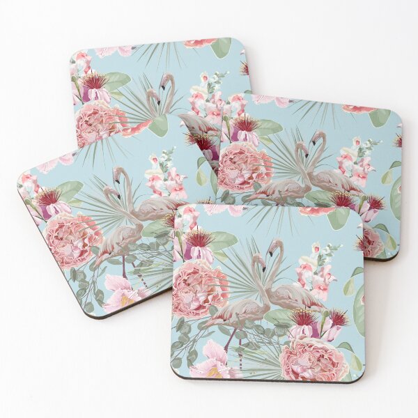 Item preview, Seamless pattern with flamingos and pink garden flowers and fan palm leaves. designed and sold by MatyKotiv.