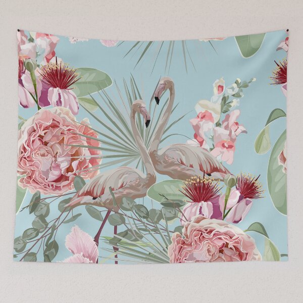 Item preview, Seamless pattern with flamingos and pink garden flowers and fan palm leaves. designed and sold by MatyKotiv.