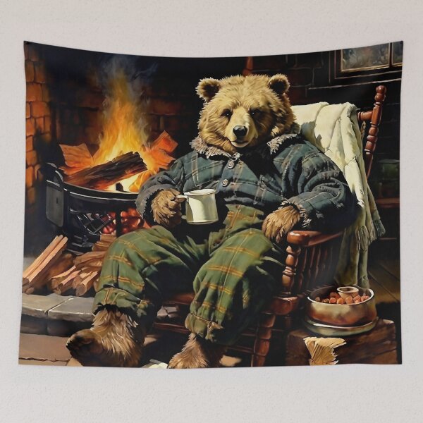 Item preview, Vintage Animal Art: Comfy Bear Chilling beside Fireplace | Animal Art | Oil Painting | Vintage Art designed and sold by UnhingedBird.