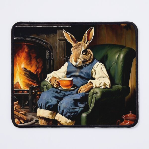 Item preview, Vintage Animal Art: Comfy Hare Chilling beside Fireplace | Animal Art | Oil Painting | Vintage Art designed and sold by UnhingedBird.
