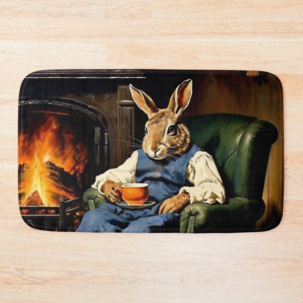 Item preview, Vintage Animal Art: Comfy Hare Chilling beside Fireplace | Animal Art | Oil Painting | Vintage Art designed and sold by UnhingedBird.