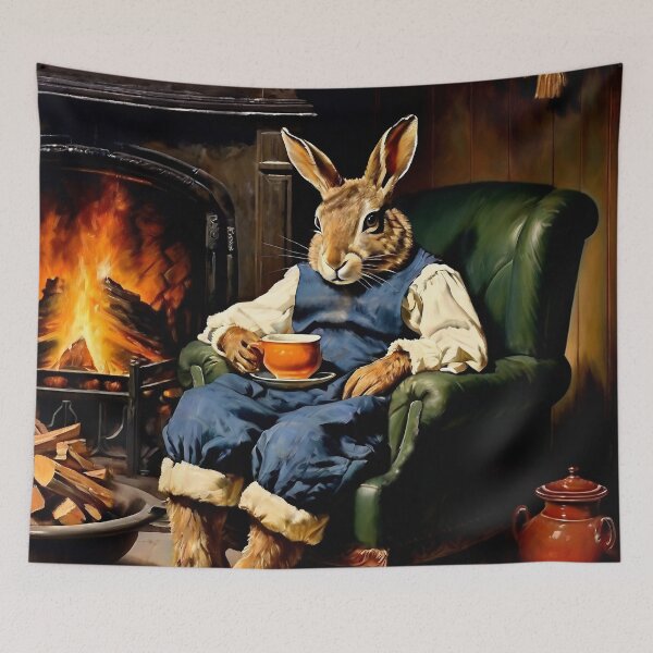 Item preview, Vintage Animal Art: Comfy Hare Chilling beside Fireplace | Animal Art | Oil Painting | Vintage Art designed and sold by UnhingedBird.