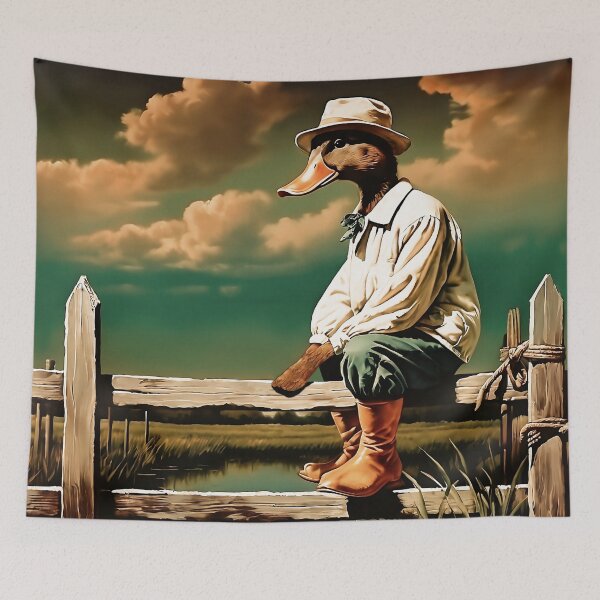 Item preview, Vintage Animal Art: Duck Farmer Sitting on the Fence | Animal Art | Oil Painting | Vintage Art designed and sold by UnhingedBird.