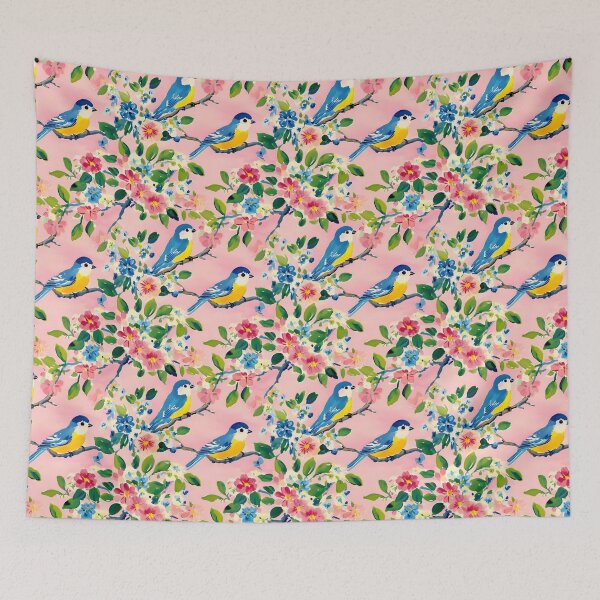 Item preview, English cottagecore birds and flowers on salmon pink designed and sold by SophieClimaArt.