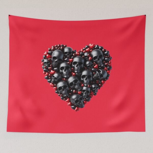 Item preview, Ebony color Skulls, Hearts, Red Background, Big pattern designed and sold by GaborSkeleton.