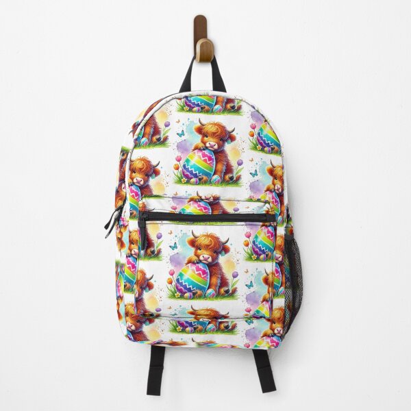 Vista previa del artículo con la obra «Vaca de las Tierras Altas de Escocia con huevos de Pascua en acuarela colorida», diseñado y vendido por MaedK.
