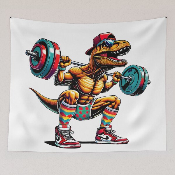 Item preview, Gym Dinosaur Lifting Weights Retro Fitness Art designed and sold by DrawHandArt.