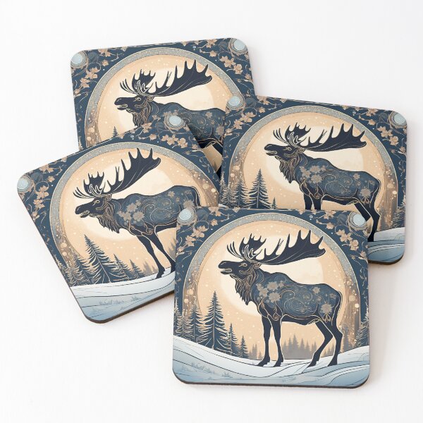 Item preview, Art Nouveau Canadian Moose in Snow with Pine Trees and Floral Design designed and sold by LumiLemon.