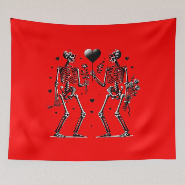 Item preview, Loving Skulls, Hearts, Flowers, Red Background, Big pattern designed and sold by GaborSkeleton.