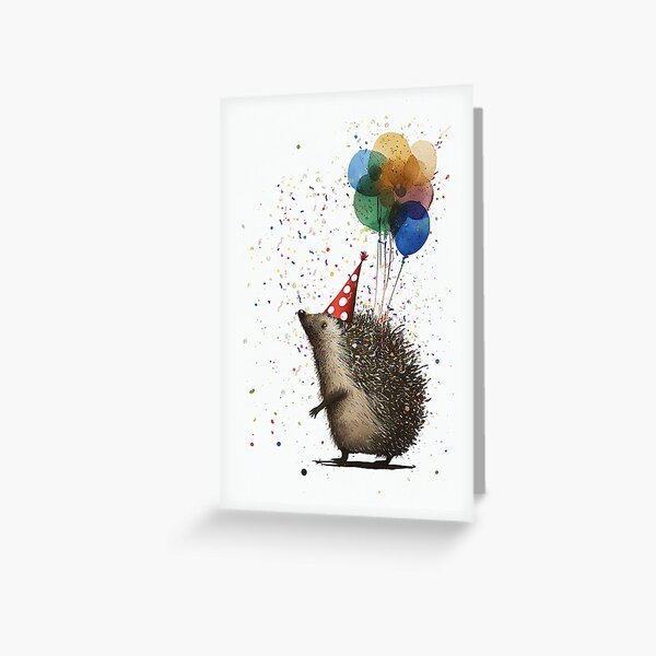Artikel-Vorschau von Igel mit bunten Luftballons Geburtstagsparty, designt und verkauft von TringTringCards.