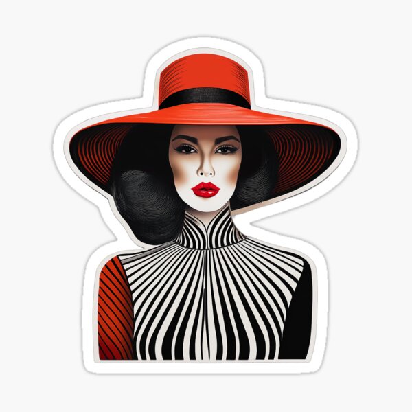 Item preview, Vouge woman in red hat with red lipstick black stripes  designed and sold by DropRomance.