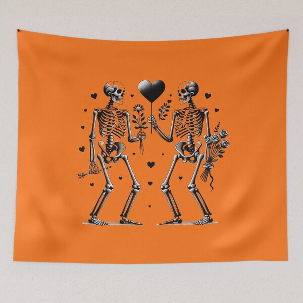 Item preview, Loving Skulls, Hearts, Flowers, Orange Background, Big pattern designed and sold by GaborSkeleton.