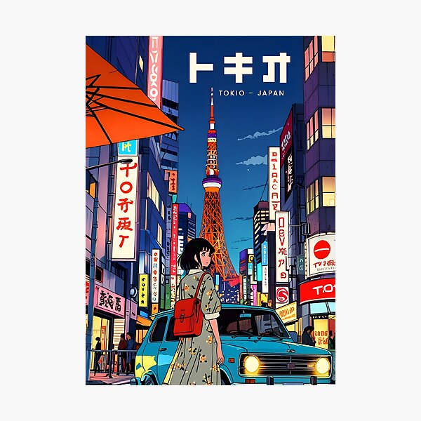 Aperçu de l'œuvre Art rétro de l'anime Un voyage vintage à travers la mode de rue nostalgique de Tokyo et les monuments emblématiques créée et vendue par Jackson-Lester.