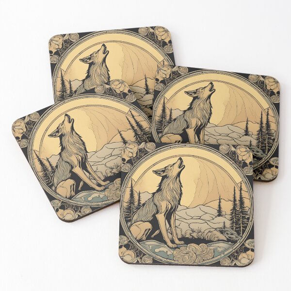 Item preview, Art Nouveau coyote howling wood engraving floral design black ink designed and sold by LumiLemon.
