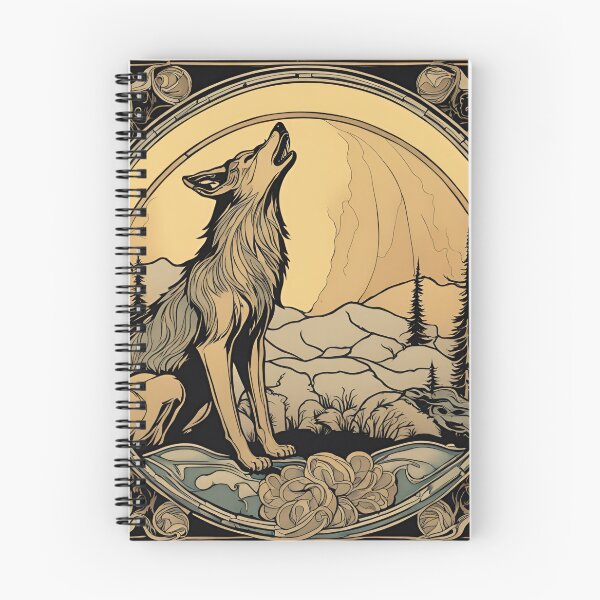 Item preview, Art Nouveau coyote howling wood engraving floral design black ink designed and sold by LumiLemon.