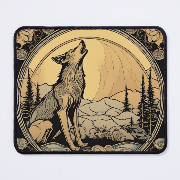 Item preview, Art Nouveau coyote howling wood engraving floral design black ink designed and sold by LumiLemon.