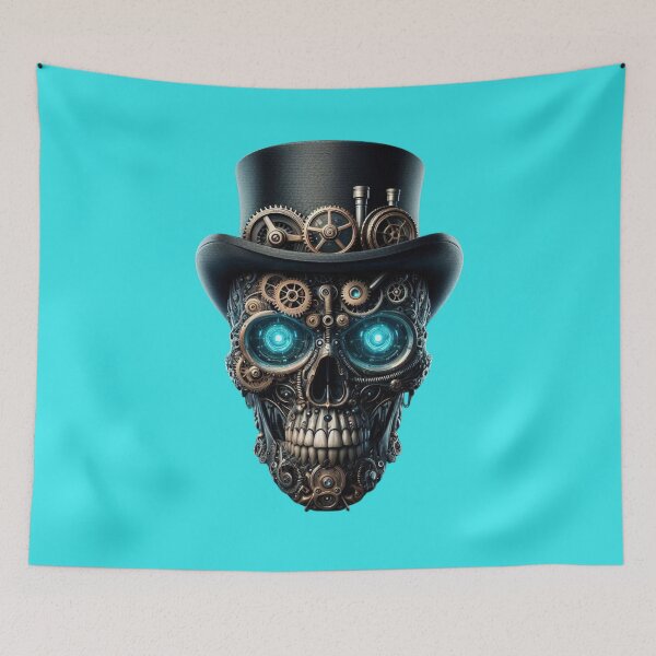 Item preview, Steampunk Skull, Cylinder Hat, Turquoise Background designed and sold by GaborSkeleton.