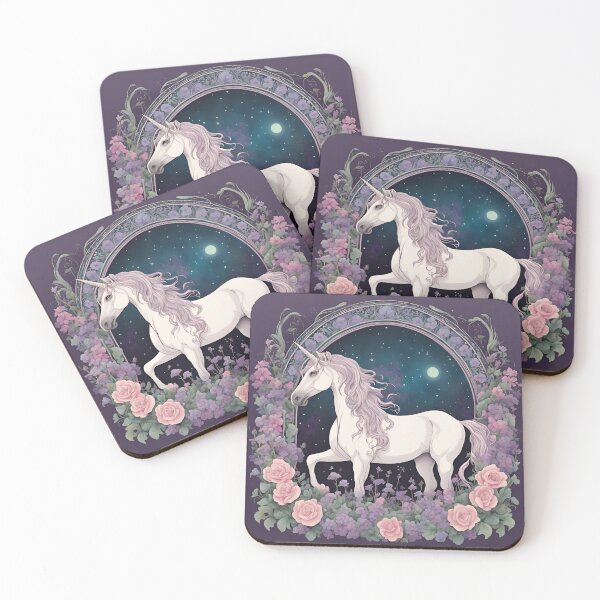 Item preview, Art Nouveau white unicorn and purple hair floral design designed and sold by LumiLemon.