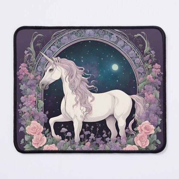 Item preview, Art Nouveau white unicorn and purple hair floral design designed and sold by LumiLemon.