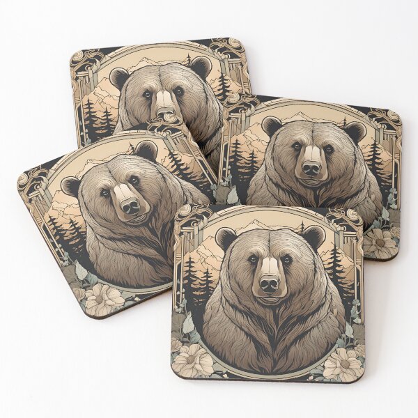 Item preview, Art Nouveau magical forest grizzly bear floral design wood engraving black ink designed and sold by LumiLemon.