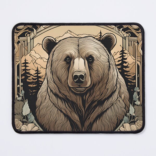 Item preview, Art Nouveau magical forest grizzly bear floral design wood engraving black ink designed and sold by LumiLemon.