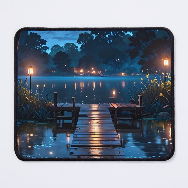 Item preview, Night Landscape with Pier and Lake Reflections Anime Style designed and sold by Landscape-Anime.
