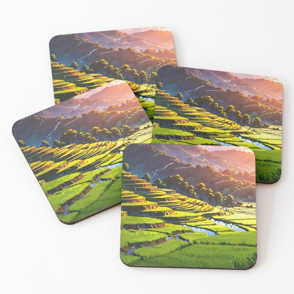Item preview, Rice Terraces at Sunrise with Mountains in the Background Anime Style designed and sold by Landscape-Anime.