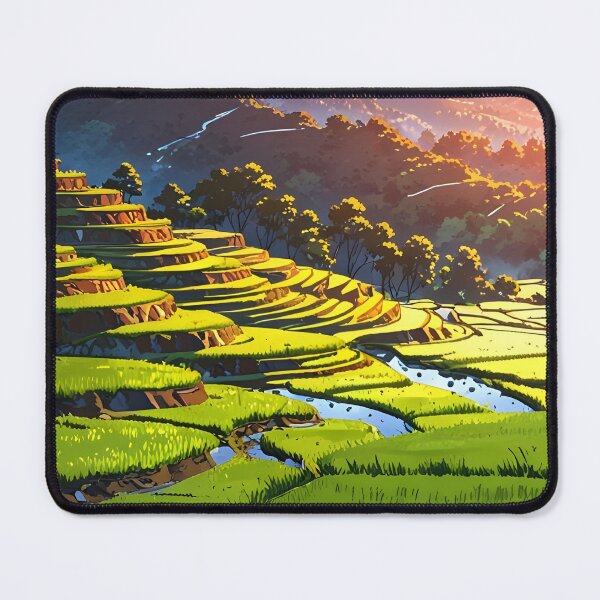 Item preview, Rice Terraces at Sunrise with Mountains in the Background Anime Style designed and sold by Landscape-Anime.
