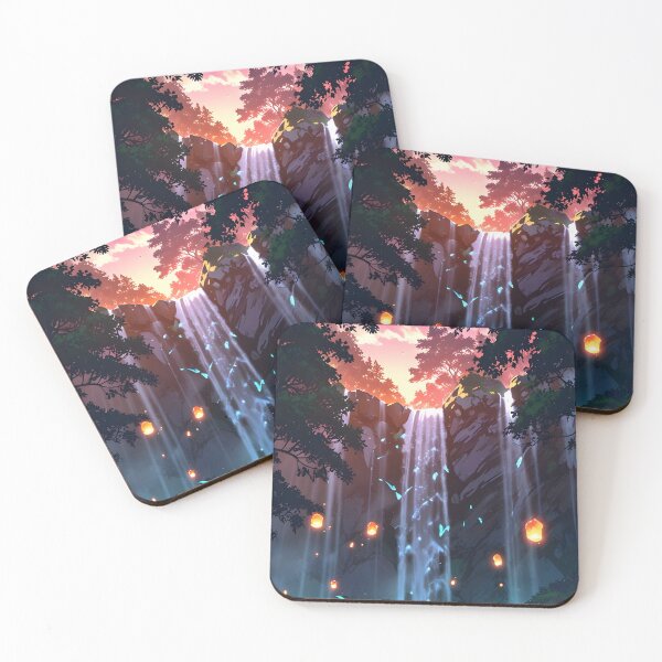 Item preview, Enchanted Waterfall at Dawn with Anime-Style Magical Lights designed and sold by Landscape-Anime.