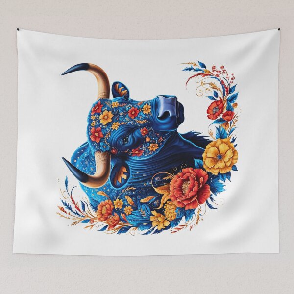 Item preview, Floral Blue Bull – Vibrant Animal Art with Floral Patterns designed and sold by RvinJo8.