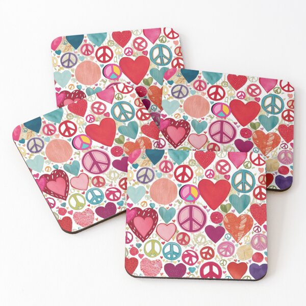 Item preview, Peace and Love, Hearts Symbols All-Over Print, Collage Canvas designed and sold by FroggyFly Designs.