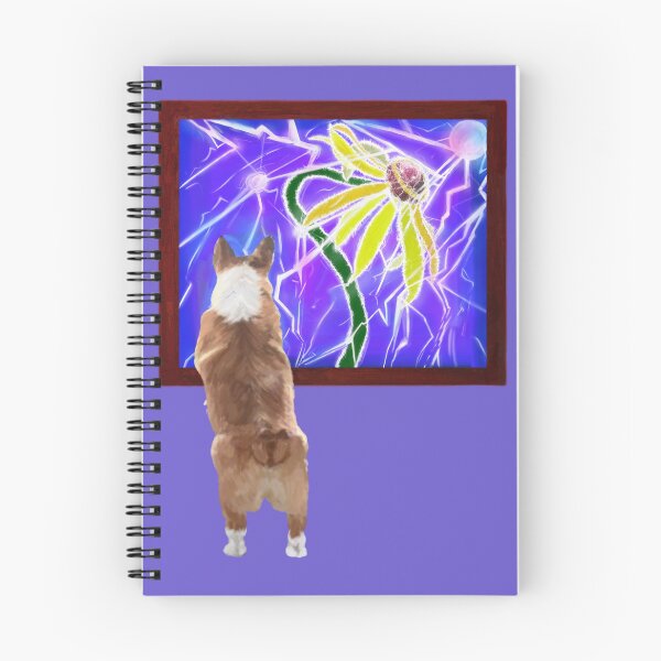 Aperçu de l'œuvre Corgi regardant par la fenêtre – Impression artistique représentant un orage et une fleur jaune (peinture numérique originale) #Slate Blue créée et vendue par PaintThatSheep Art Shop.
