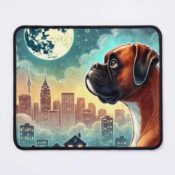 Item preview, Boxer dog under a moonlit city skyline designed and sold by BigBlueArt.